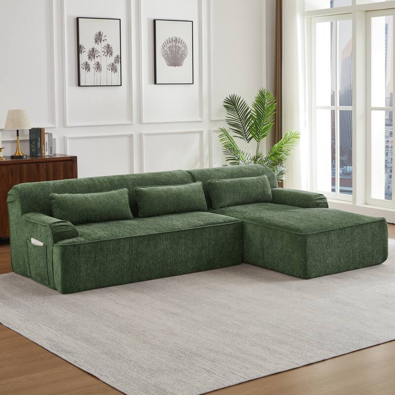 Floor Standing Chenille L-shape Chaise Sectional Sofa with Side Pocket - Green