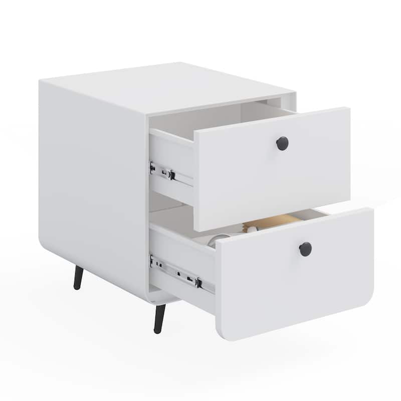 Night Stand Wooden End Table, Bedside Furniture Bedside聽Table with 2 Circular Handle Drawers, Nightstand Steel Frame Cabinet