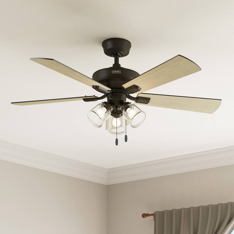 Hunter 52" Crestfield Ceiling Fan w/ LED Light Kit, Pull Chain - Farmhouse, Transitional - EASY INSTALLATION! - Noble Bronze