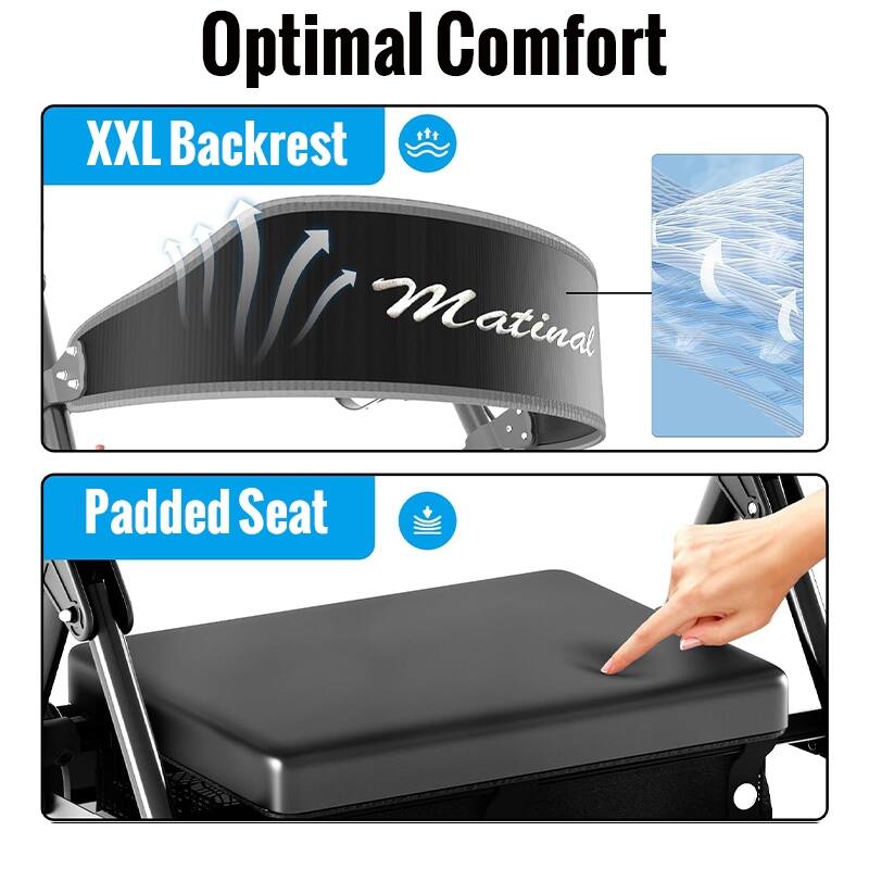 Matinal Foldable Rollator Walkers with Seat for Seniors, 350 lb Capacity, 8'' Big Wheels, 6-Position Height