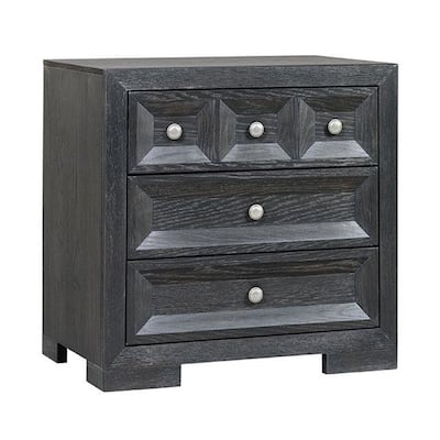 Kizie Nightstand, 3 Drawers, USB A-C, Weathered Black Wood, 28 Inch