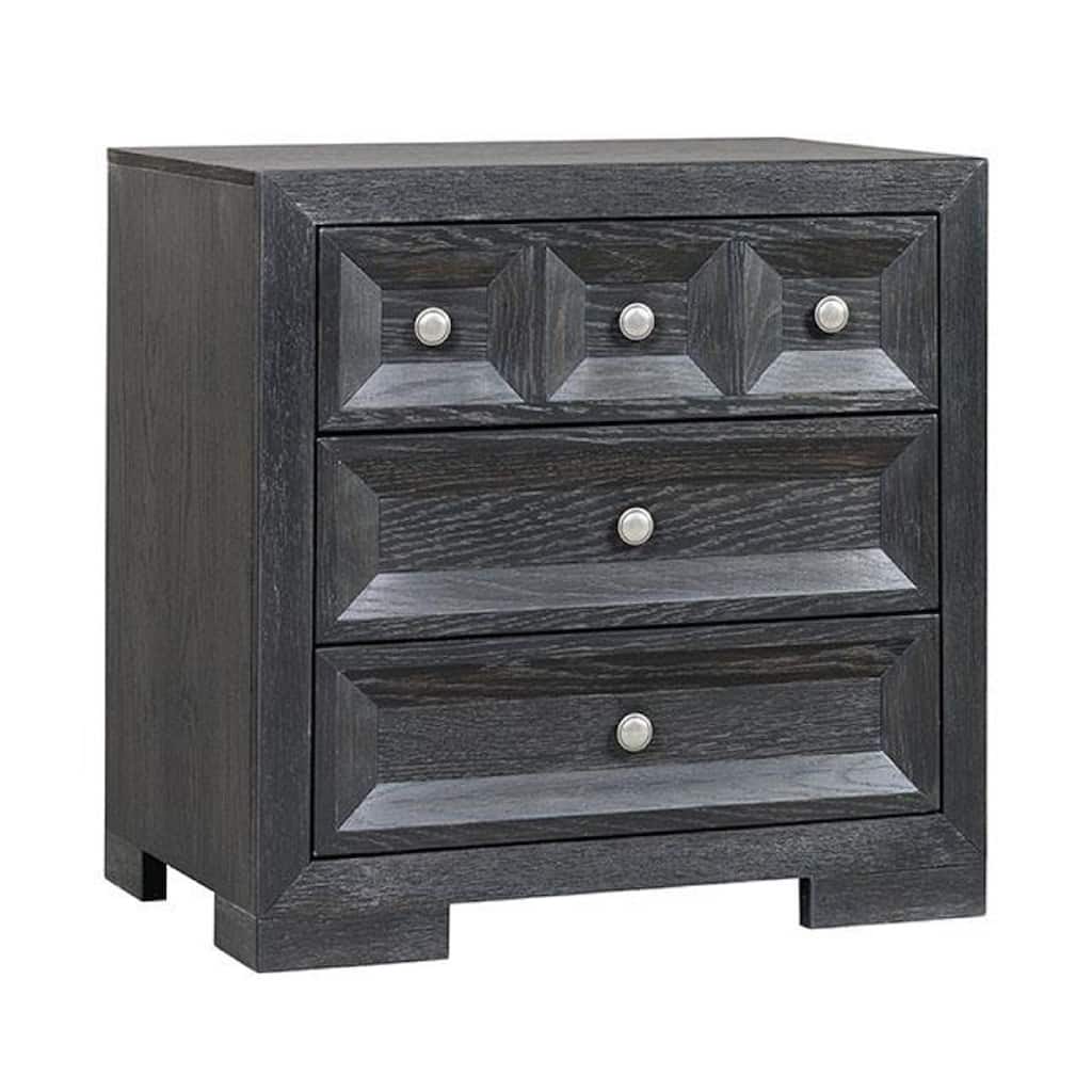 Kizie Nightstand, 3 Drawers, USB A-C, Weathered Black Wood, 28 Inch