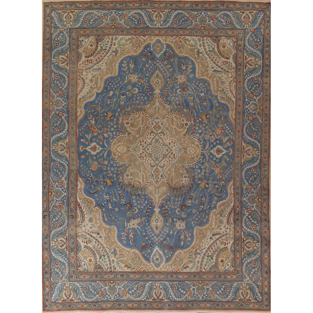Blue Floral Tabriz Persian Vintage Area Rug Hand-Knotted Wool Carpet - 9'9"x 12'9"