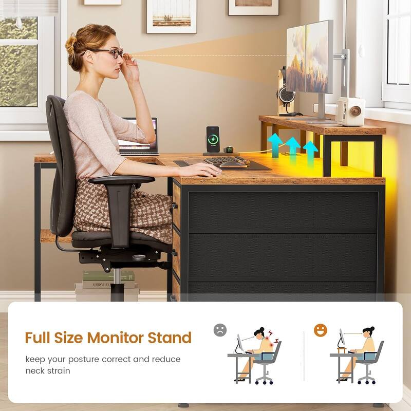 L Shaped Desk with 4 Drawers and Storage Shelves Gaming Desk