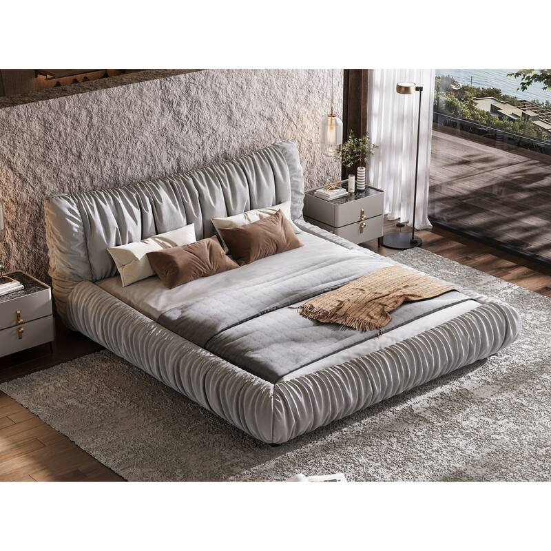 King Size Upholstered Platform Bed with Removable Cushions, Solid Pine Wood Frame, Adjustable Mattress Heights