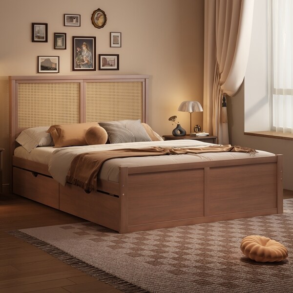 Boho Rattan Platform Bed with 4 Storage Drawers Underneath Queen Size Wood Storage Bed with Rattan Headboard Antique Espresso Bed Bath Beyond 42299416
