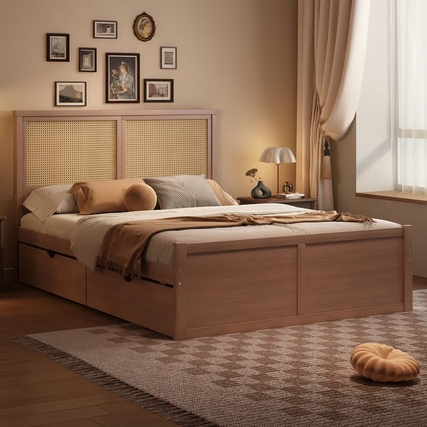 slide 2 of 18, Queen Size Wood Storage Platform Bed with 4 Drawers, Rattan Headboard, Espresso Espresso