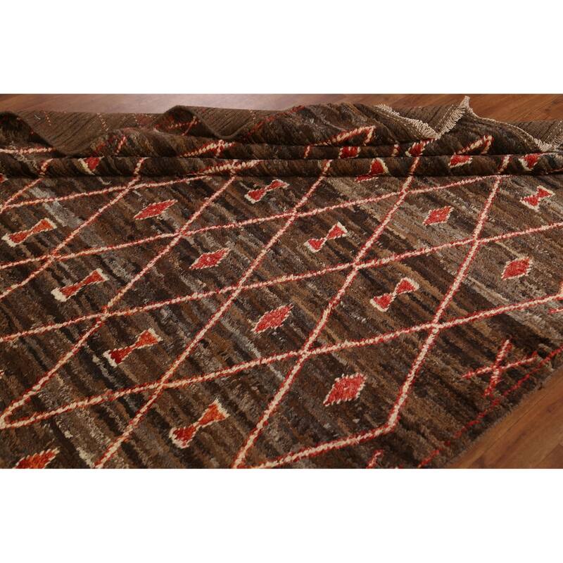 Hand Knotted Oriental 100% Wool Carpet Tribal Trellis Brown Moroccan Area Rug - 9' 11'' X 6' 8''