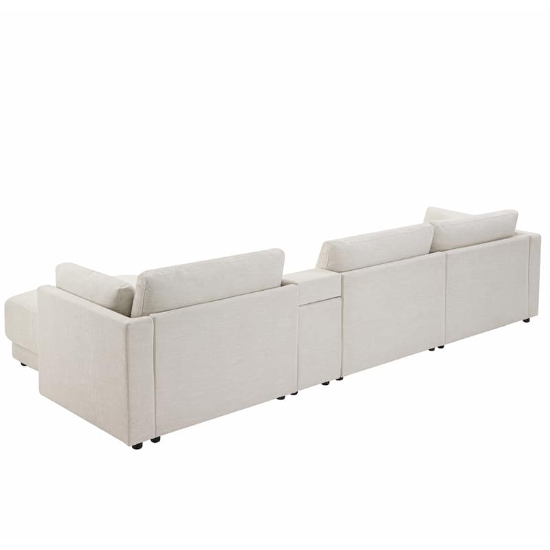124'' Modular Sectional Sofa with Storage Console and Movable Ottoman, 4-Seat, Chenille, Beige