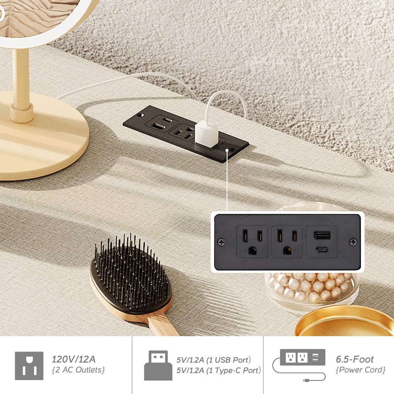 58" Wooden Vanity Desk with Storage Cabinet and Charging Station for Girls, Vanity Dressing Table for Bedroom