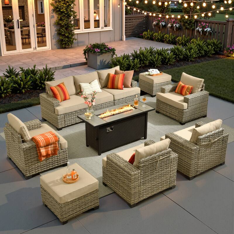 XIZZI 10-Piece Outdoor Patio Wicker Furniture Sofa Set with Fire Table