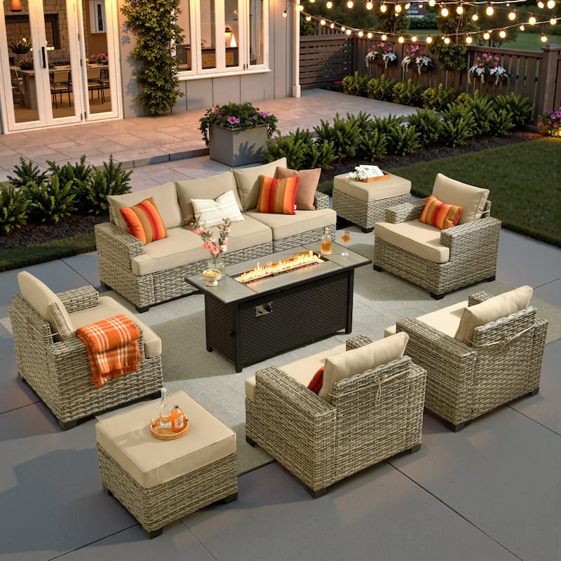 XIZZI 10-piece Outdoor Patio Furniture Sectional Set with Fire Table - Beige