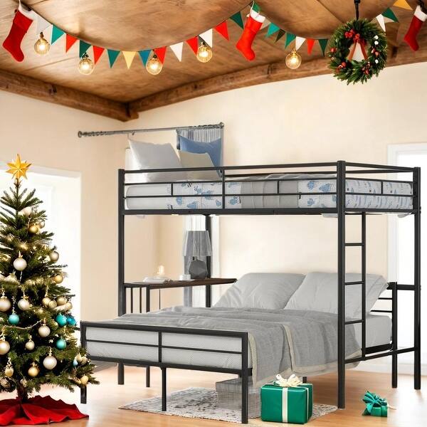 slide 2 of 18, Industrial Minimalist Twin Over Full Metal Bunk Bed with Desk, Ladder and Quality Slats for Bedroom Black