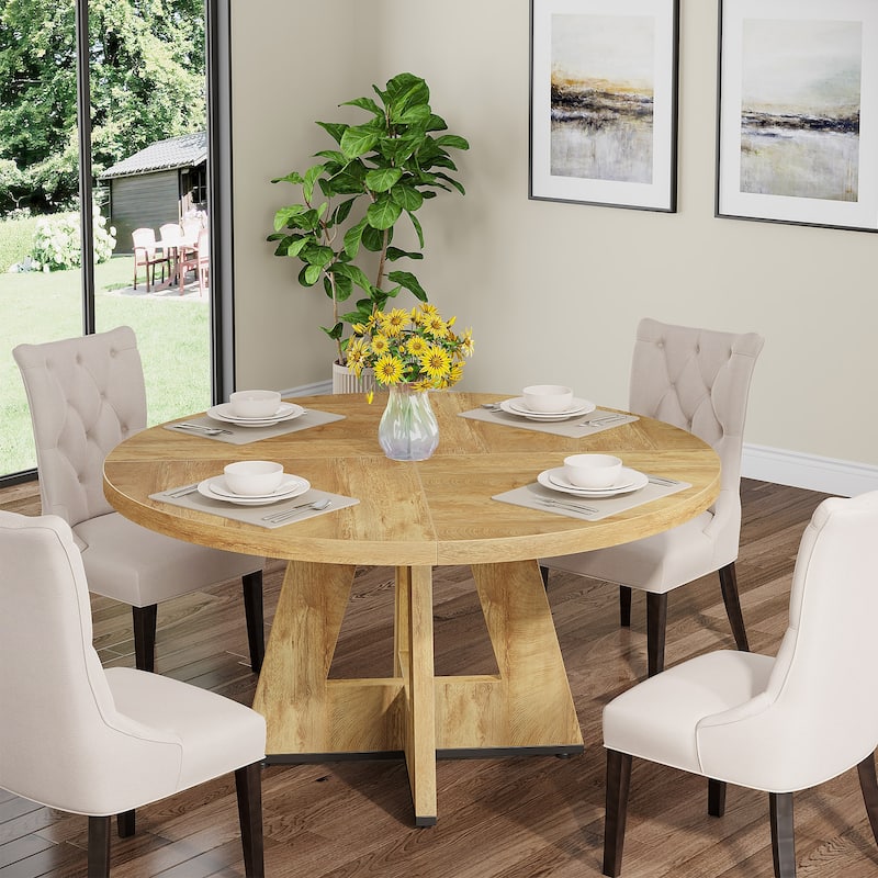 47 Inch Round Dining Table for 4, Wood Farmhouse Dinner Dinning Table for Kitchen Dining Living Room