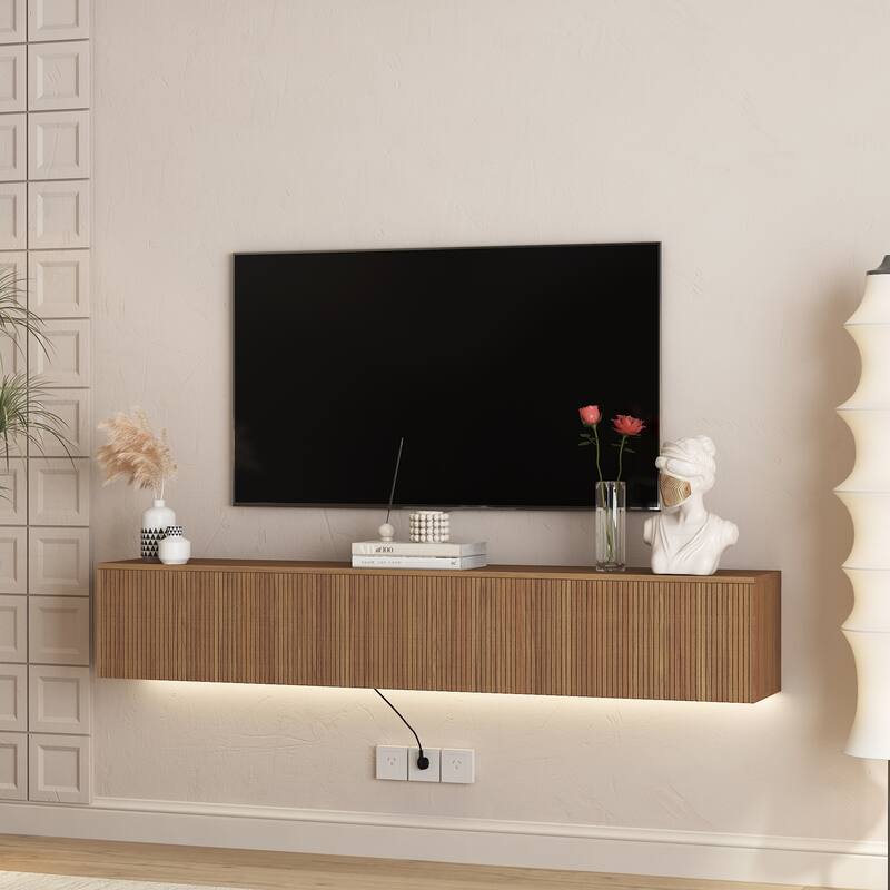 Modern Wall Mounted LED TV Stand with Power Outlet, , Floating Media Cabinet TV Console Entertainment Center for 65" TV - Brown