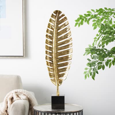CosmoLiving by Cosmopolitan Gold or Silver Aluminum Metal Standing Single Leaf Sculpture with Black Marble Base