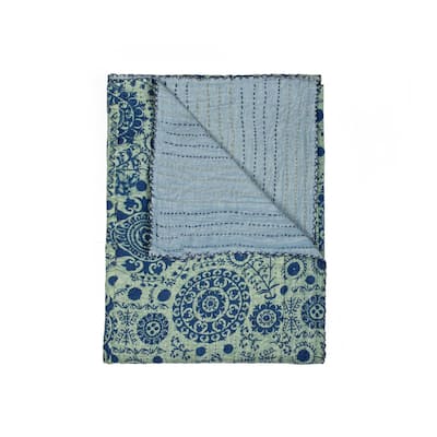 HomeRoots 50" x 70" Gray and Blue Kantha Cotton Floral Throw Blanket