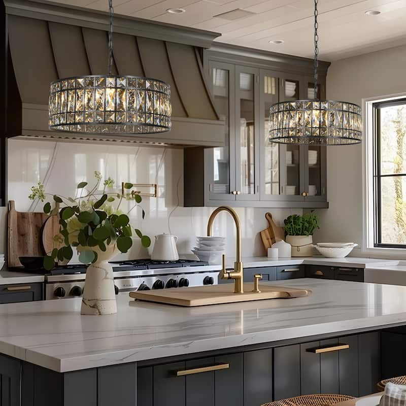 Aulia Modern 3-Light Black Crystal Drum Chandelier for Living Dining Room