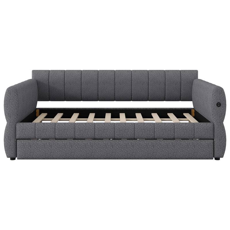 Queen Size Upholstered Daybed with USB and Optional Platform Storage Bed with 2 Drawers or Low Profile Sofa Bed with Trundle Bed