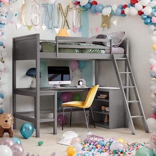 Twin Size Wooden Loft Bed With Shelves and Desk for Home
