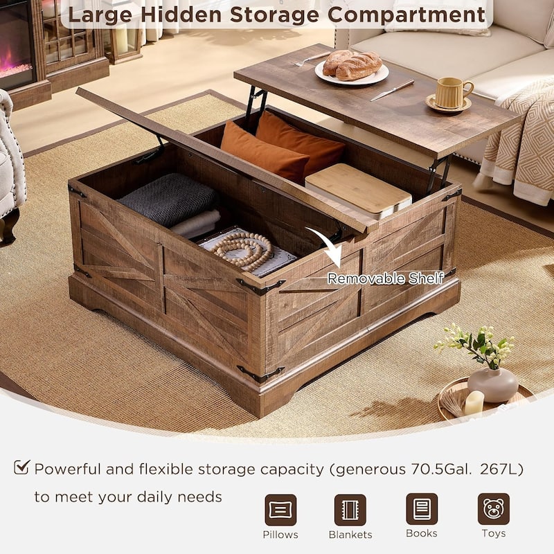 Farmhouse Lift Top Coffee Table with Storage, Wood Square Center Table