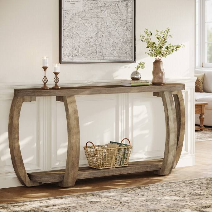 63-Inch Wooden Console Table, Long Entryway Table with Curved Legs