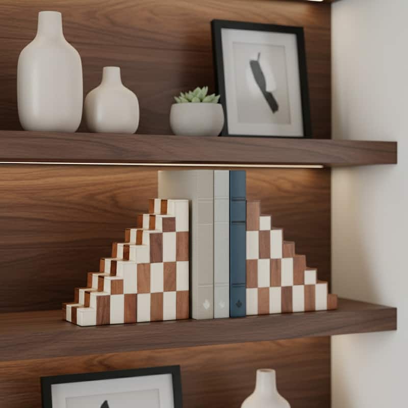 Resin Geometric Checkered Step Bookends - Set of 2, 6", Tan & Ivory - 6.0"