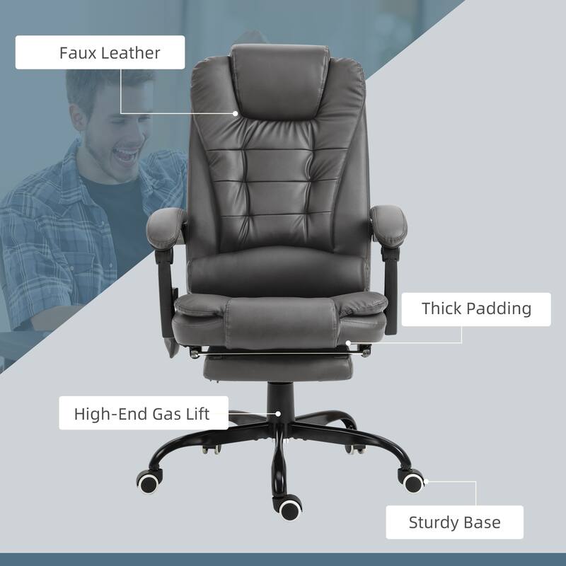 7-point Vibration Massage Backrest Office Chair, Shiny Leather Swivel Computer Chair, Recliner with Telescopic Footrest