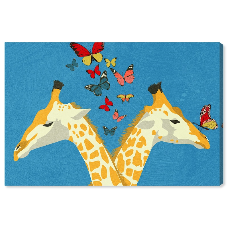 Wynwood Studio Canvas Animals Giraffes and Butterflies Blue and Modern & Contemporary Wall Art Canvas Print