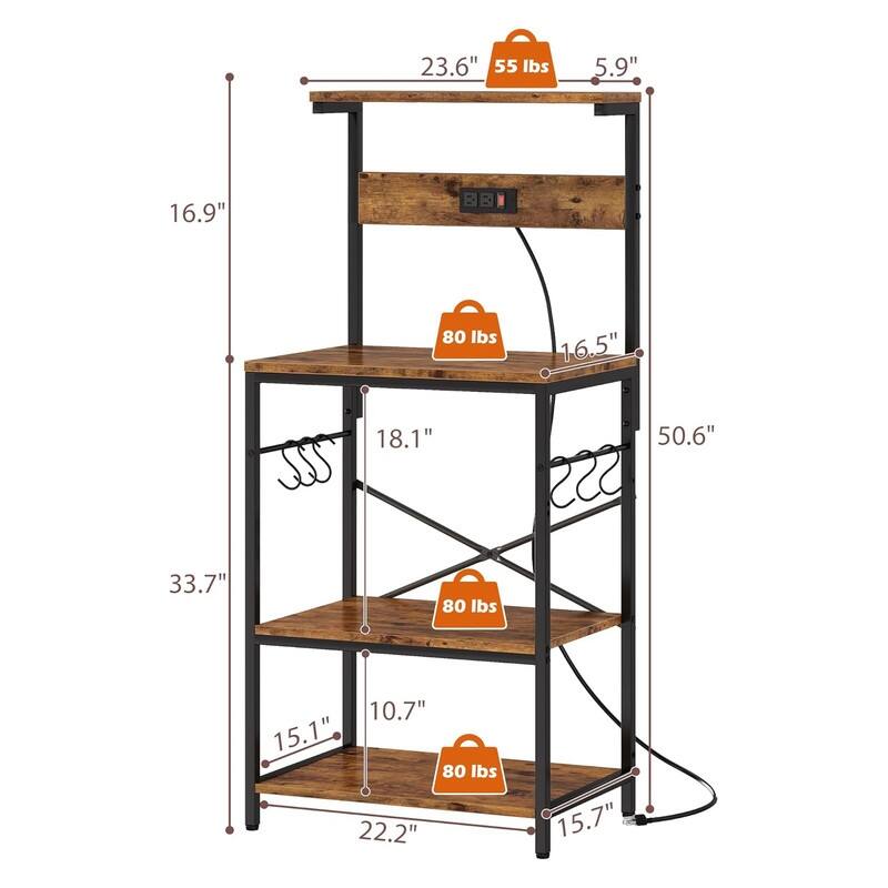 Kitchen Bakers Rack with Power Outlet, Coffee Bar Table 4 Tiers - 16.5"D x 23.6"W x 50.6"H