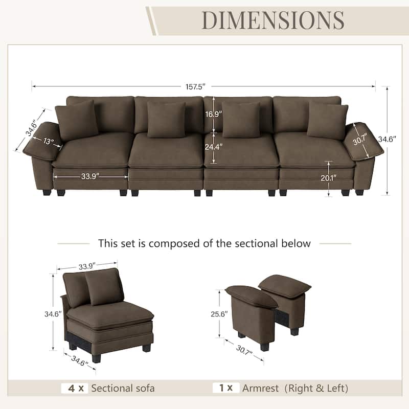 MAISON ARTS Cloud Modular Deep Seat Sofa, Chenille or Corduroy Sectional Couch with Removable Arms, 1–4 Seater