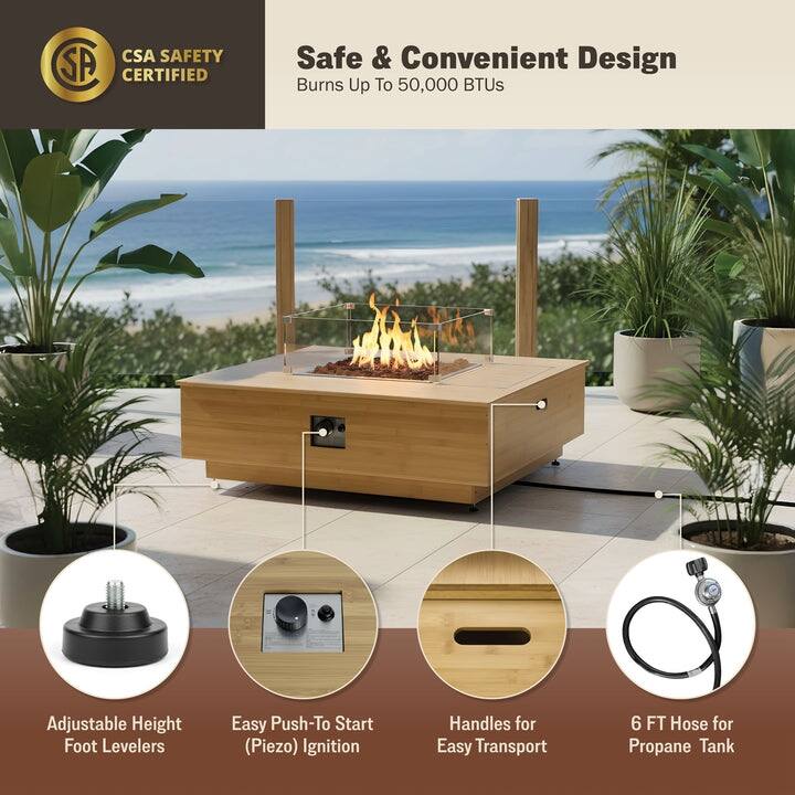 Kinger Home Harmony 43-Inch Large Square Outdoor Propane Gas Fire Pit Table - 43" L x 43" W x 14" H