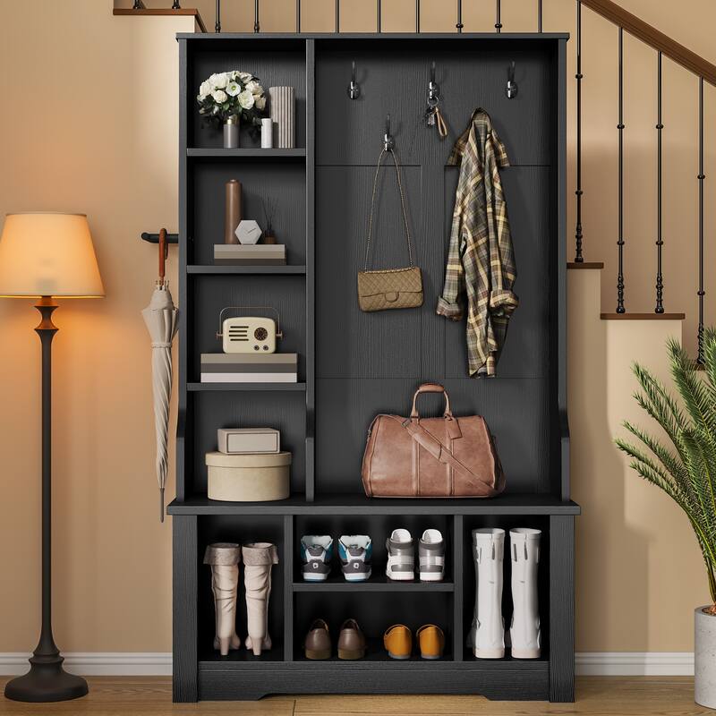 Moasis Farmhouse Hall Tree with Bench and Shoe Storage with 10 Hooks for Entryway
