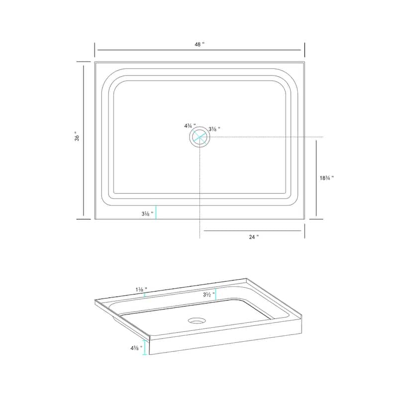 Indigo Home 48x36 inch Single Threshold Shower Tray Center Drain in White