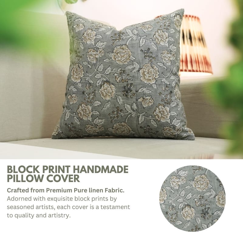 Linen Farmhouse Block print pillow Cover Rameshwaram