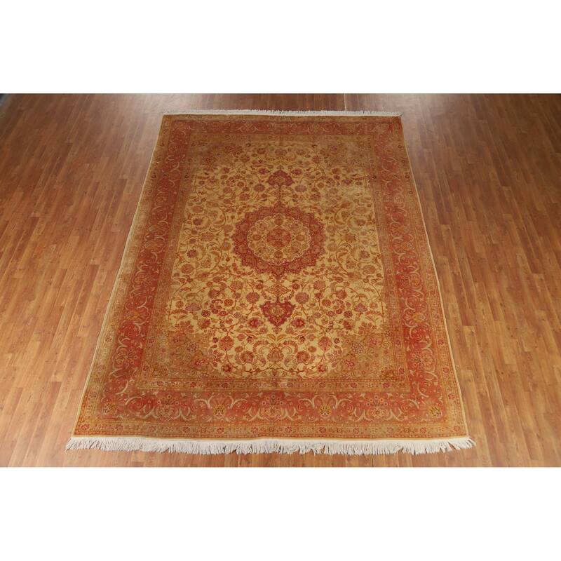 Hand Knotted Oriental 100% Wool Carpet Traditional Floral Beige & Ivories Tabriz Area Rug - 11' 0'' X 8' 4''