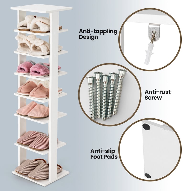 7 Tier White Wooden Vertical Space-Saving Shoe Rack for Entryway and Small Spaces - 11" x 10" x 43.5" (L x W x H)