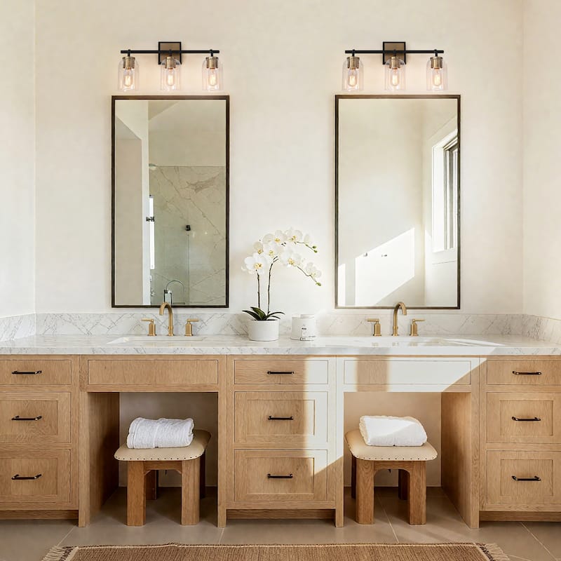 Modern 3-Light Black Gold Linear Bathroom Vanity Light Cylinder Glass Wall Sconces