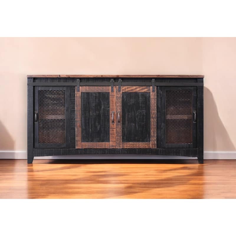 HomeRoots 68" Black Solid Wood Cabinet Enclosed Storage Distressed TV Stand - 67.75' X '34.75' X '19 - Black - 67.75' X '34.75' X '19