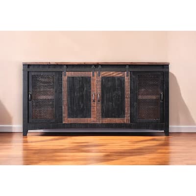 HomeRoots 68" Black Solid Wood Cabinet Enclosed Storage Distressed TV Stand - 67.75' X '34.75' X '19