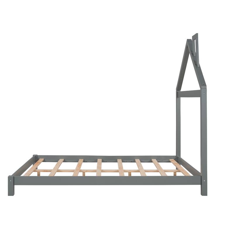 Wood Platform Bed with House-shaped Headboard - Gray