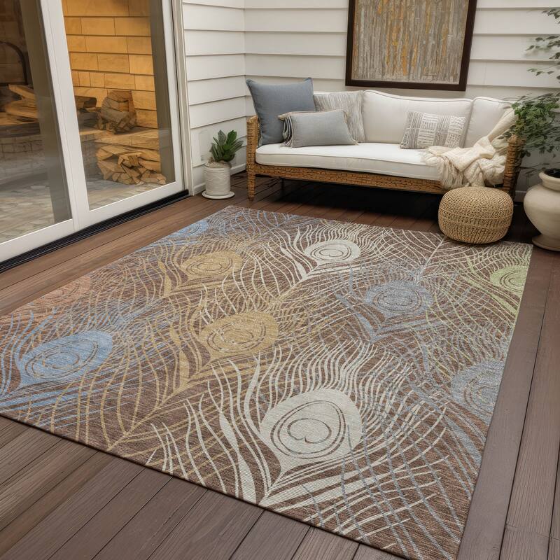 Machine Washable Indoor/ Outdoor Modern Peacock Chantille Rug