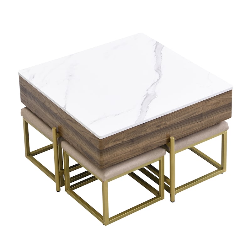 Mid-Century Lift Top Coffee Table Set, Large Square Storage Coffee Table with 4 Ottomans, Family Gathering Wooden Center Table