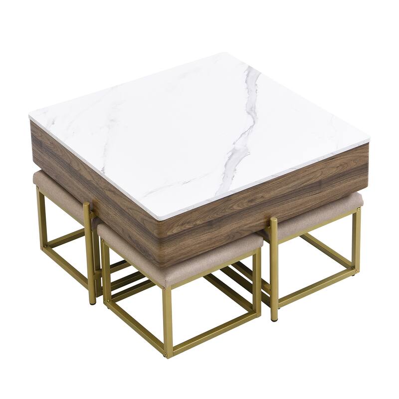 Roomfitters Modern Square Lift-Top Coffee Table Set with Hidden Storage, 4 Upholstered Ottomans, White & Walnut