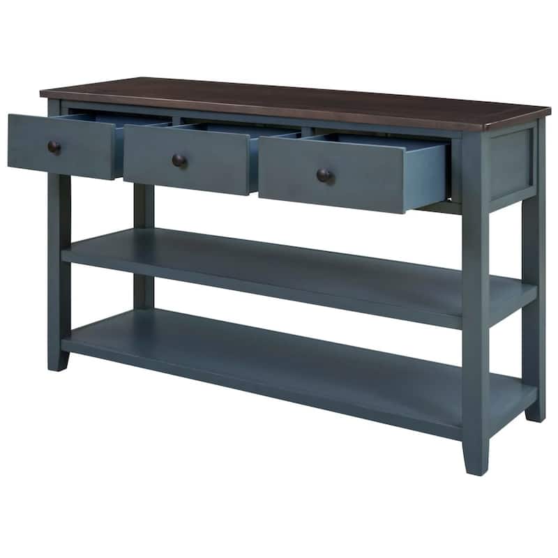 Retro Console Table Sofa Table with 2 Open Shelves and 3 Drawers, Pine Solid Wood Frame and Legs for Living Room, Entryway