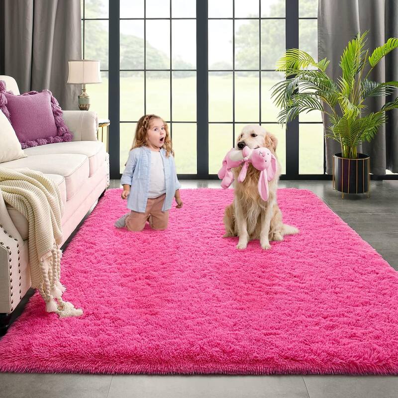 Living Room Bedroom Super Soft Pile Area Rug, Modern Shaggy Rugs, Non-Slip Pile Rugs for Kids - 6'x9' - Hot Pink - Rectangle