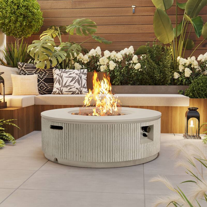 38.19" Propane Outdoor Fire Pit with Vertical Stripe Design, 50000 BTU Round Fire Pit Table with Steel Burner, Flame Control - White