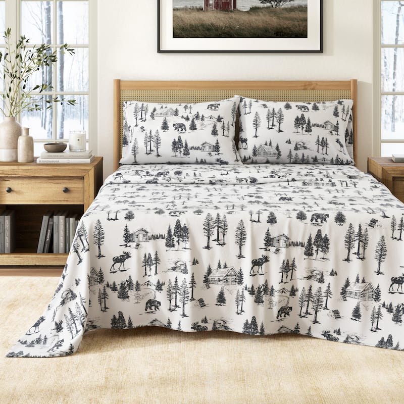 Linery & Co. Turkish Cotton Double-Brushed Printed Flannel Bed Sheet Set - Twin - December Frost
