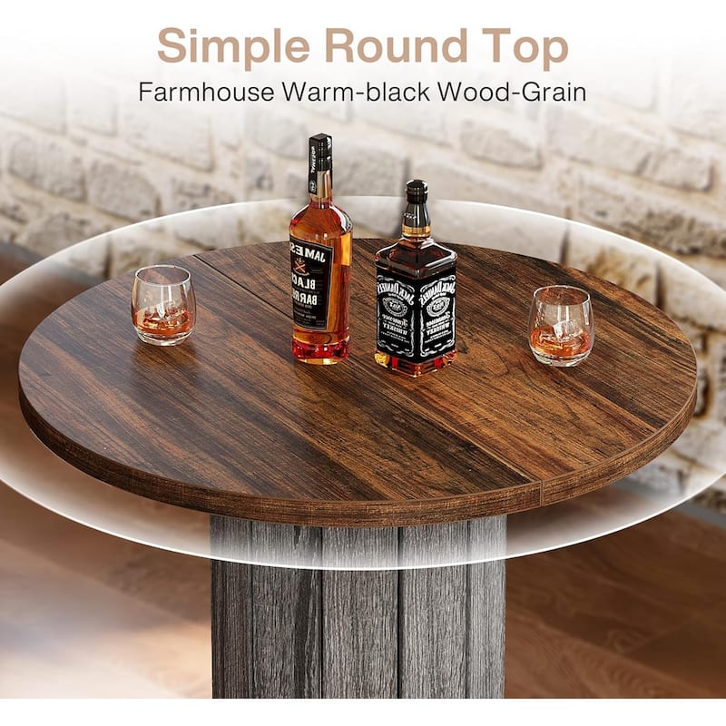 39.4 Inches Brown Wood Bar Table, Round Bistro Pub Table with Metal Ring Footrest
