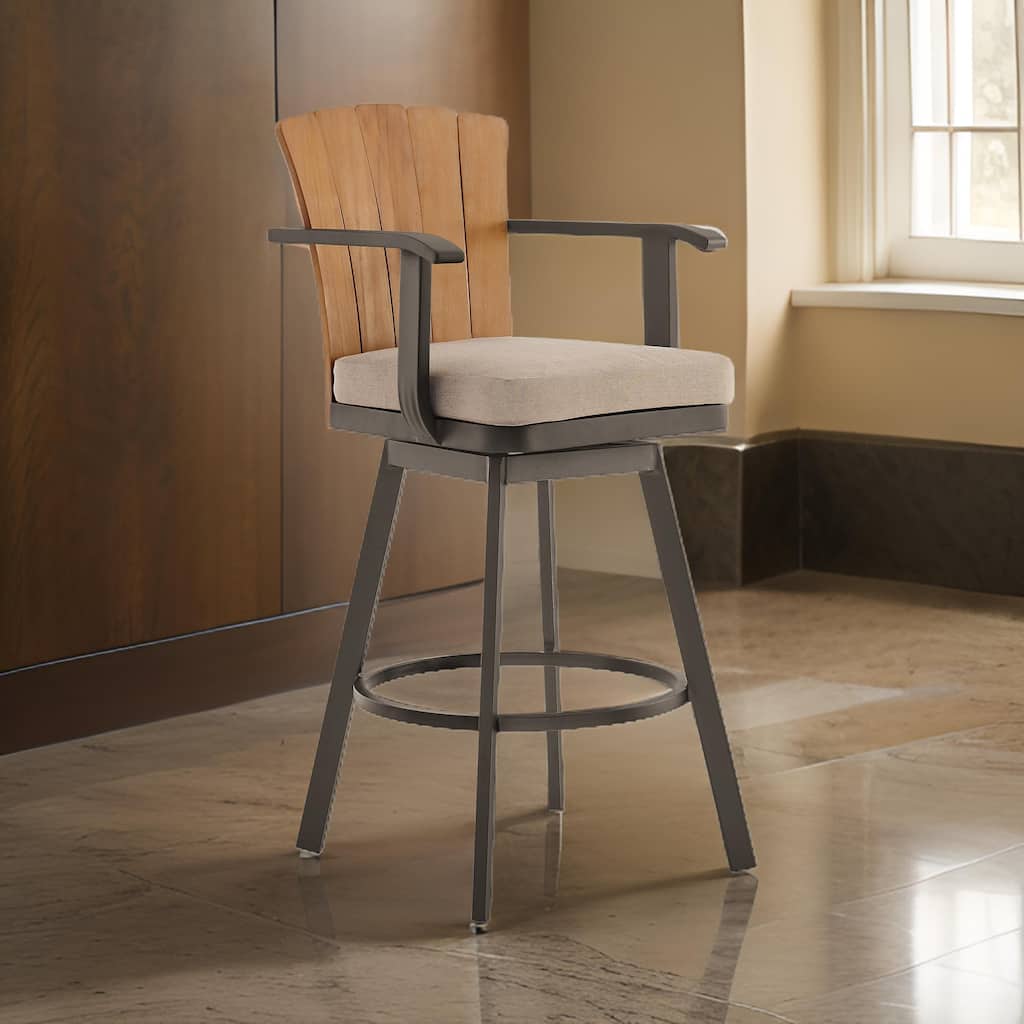 Luna 26 Inch Outdoor Swivel Counter Stool Chair, Rustic Teak Wood, Brown